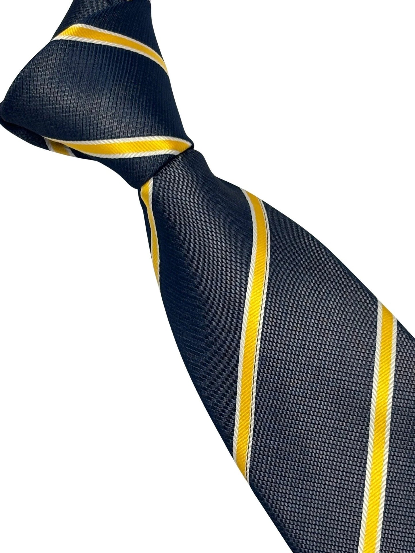 Handmade Midnight Grey Blue Tie - Bold Yellow and White Club Stripe for Contemporary Formal Style by Frederick Thomas Handmade Mens Ties