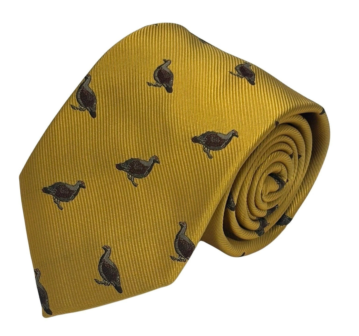 Mustard Yellow Tie With Embroidered Grouse Design - Handmade Neckwear With Heritage Craftsmanship by Frederick Thomas Handmade Mens Ties