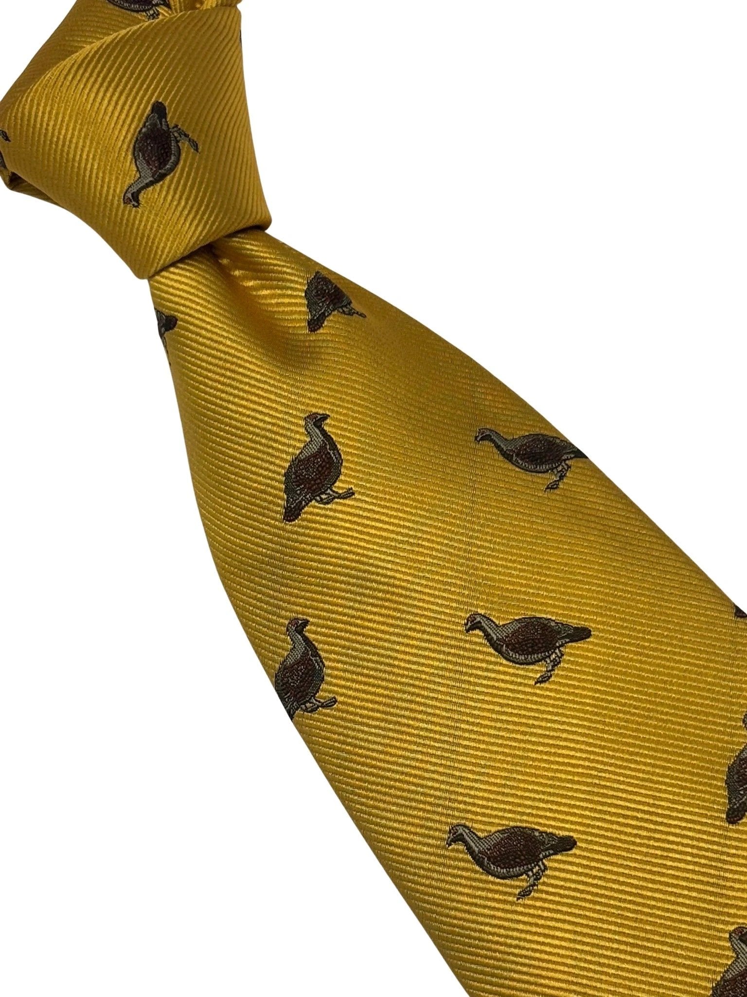 Mustard Yellow Tie With Embroidered Grouse Design - Handmade Neckwear With Heritage Craftsmanship by Frederick Thomas Handmade Mens Ties