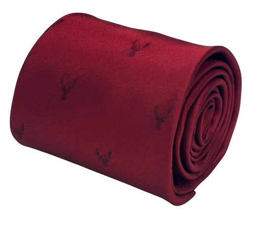 Handmade Dark Red Tie with Embroidered Burgundy Deer Head Design by Frederick Thomas Handmade Mens Ties