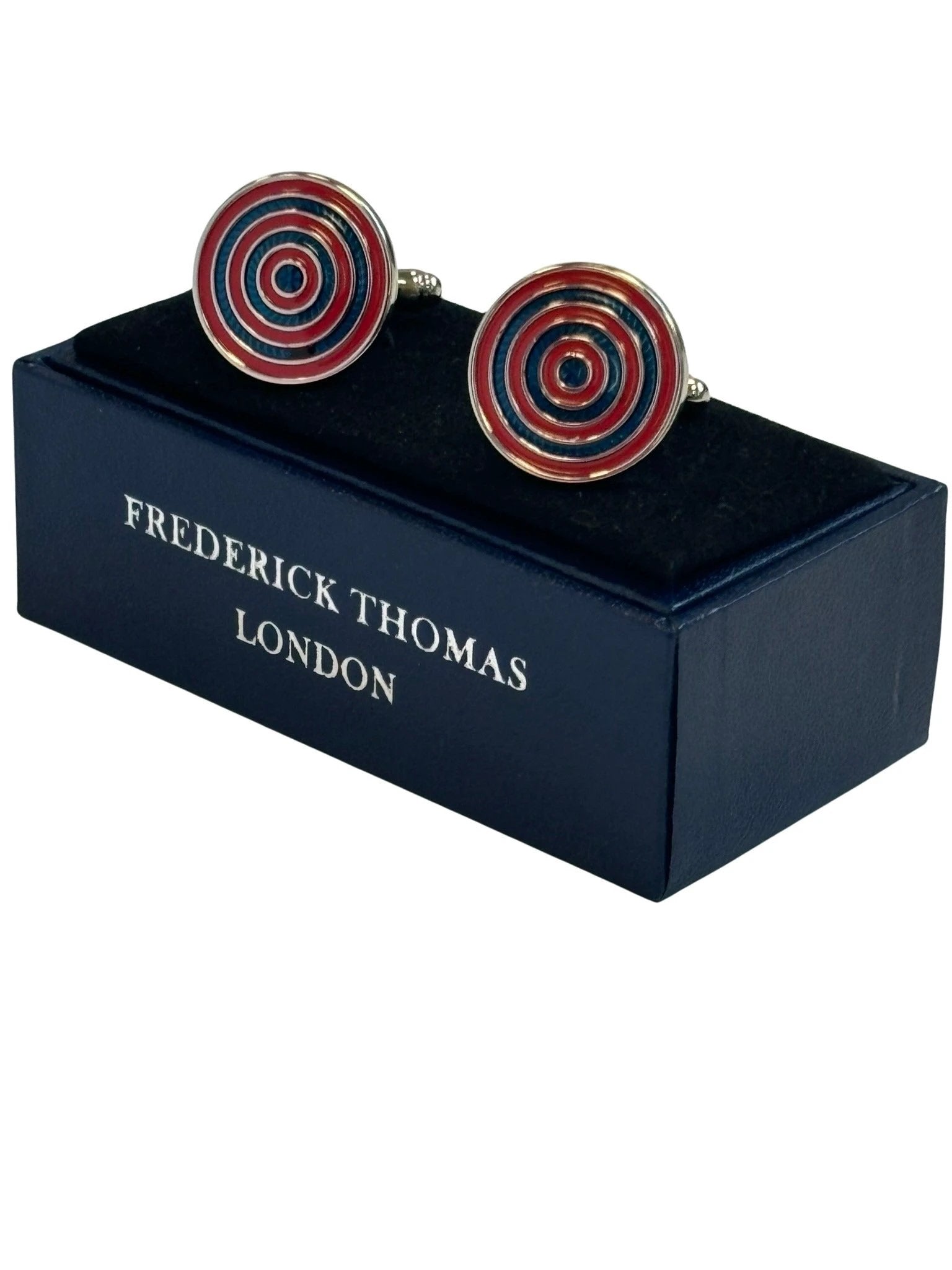 red and blue cufflinks in a circular target design by Frederick Thomas Handmade Mens Ties