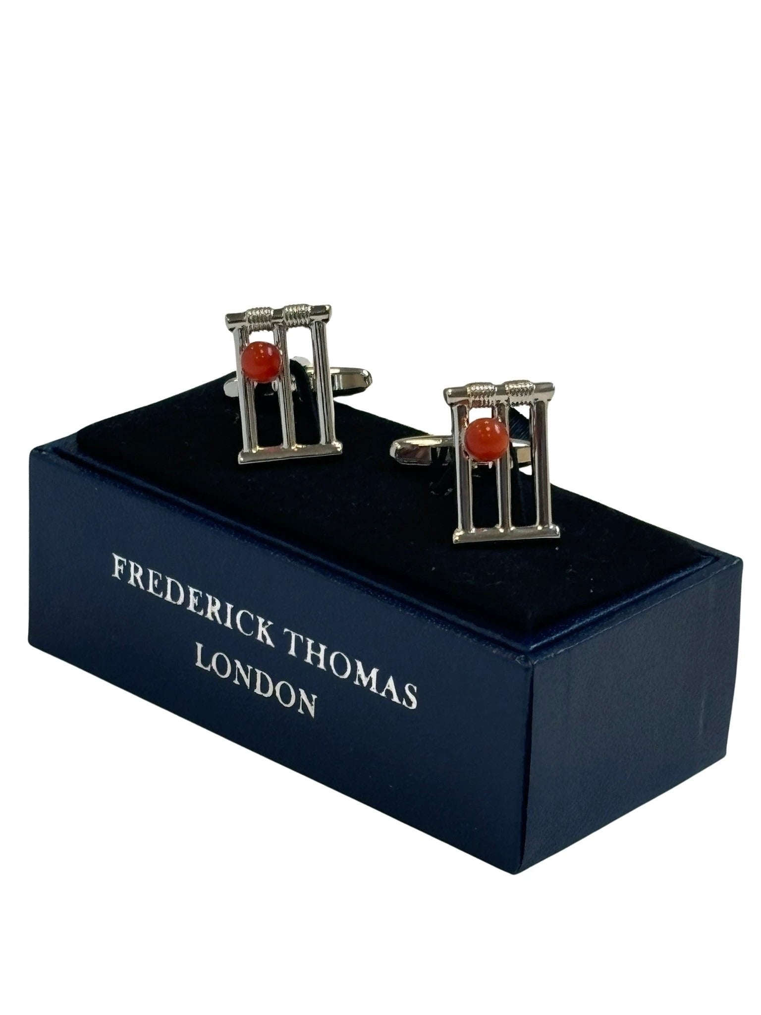 Quirky cricketing style cufflinks in a stumps and ball design by Frederick Thomas Handmade Mens Ties