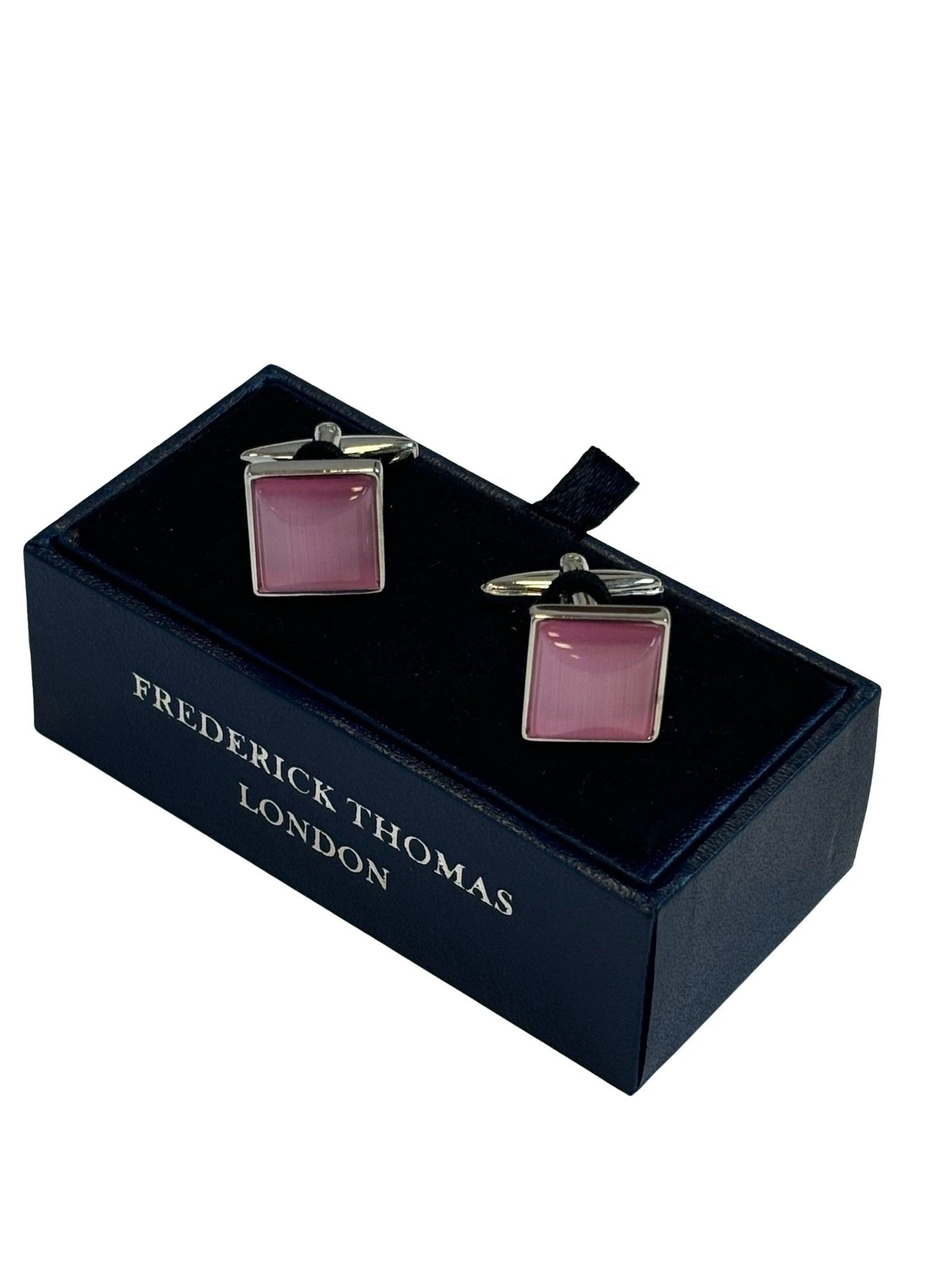 Classic silver square cufflinks with a pale pink stone by Frederick Thomas Handmade Mens Ties