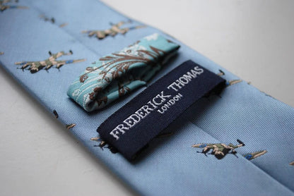 light blue tie with lancaster bomber pattern by Frederick Thomas Handmade Mens Ties