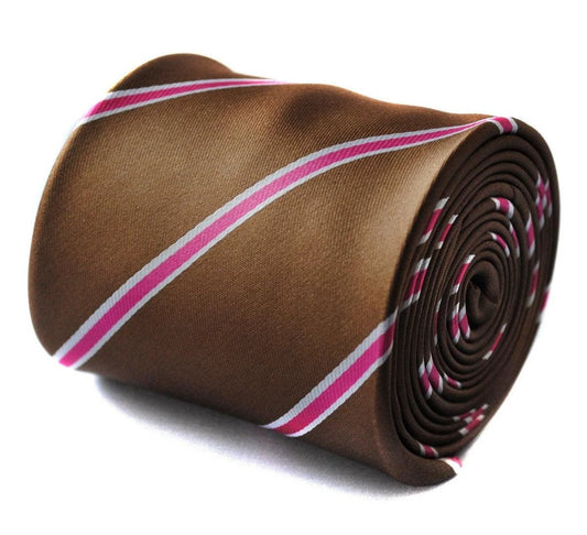 brown, white and pink striped tie by Frederick Thomas Handmade Mens Ties