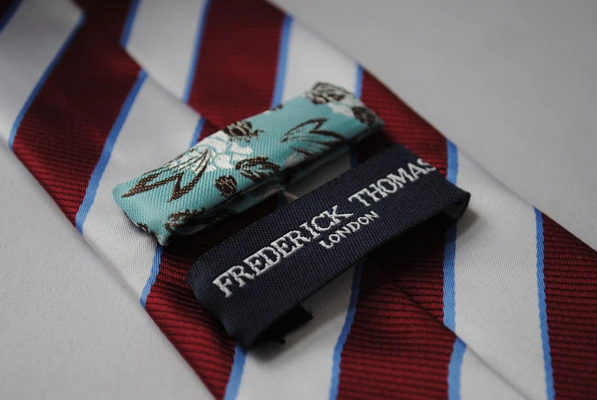 maroon and silver barber striped tie by Frederick Thomas Handmade Mens Ties