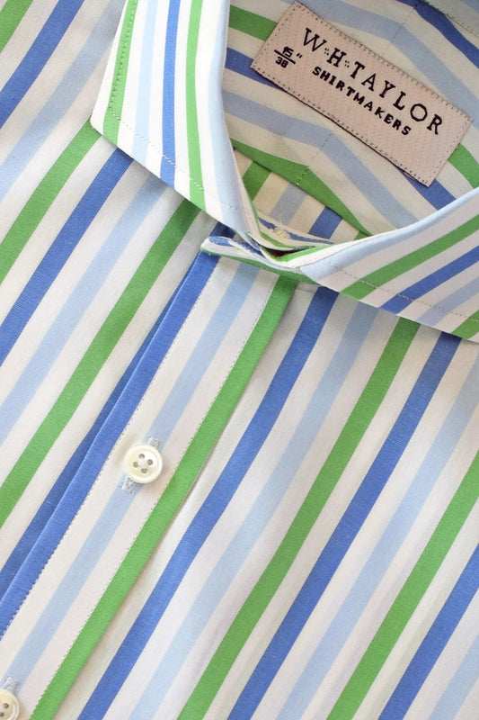 WH Taylor Shirtmakers Blue Sky & Green Candy Stripe Men's Bespoke Shirt by whtshirtmakers.com
