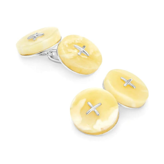 White Baltic Amber Button Sterling Silver Cufflinks by Benson & Clegg