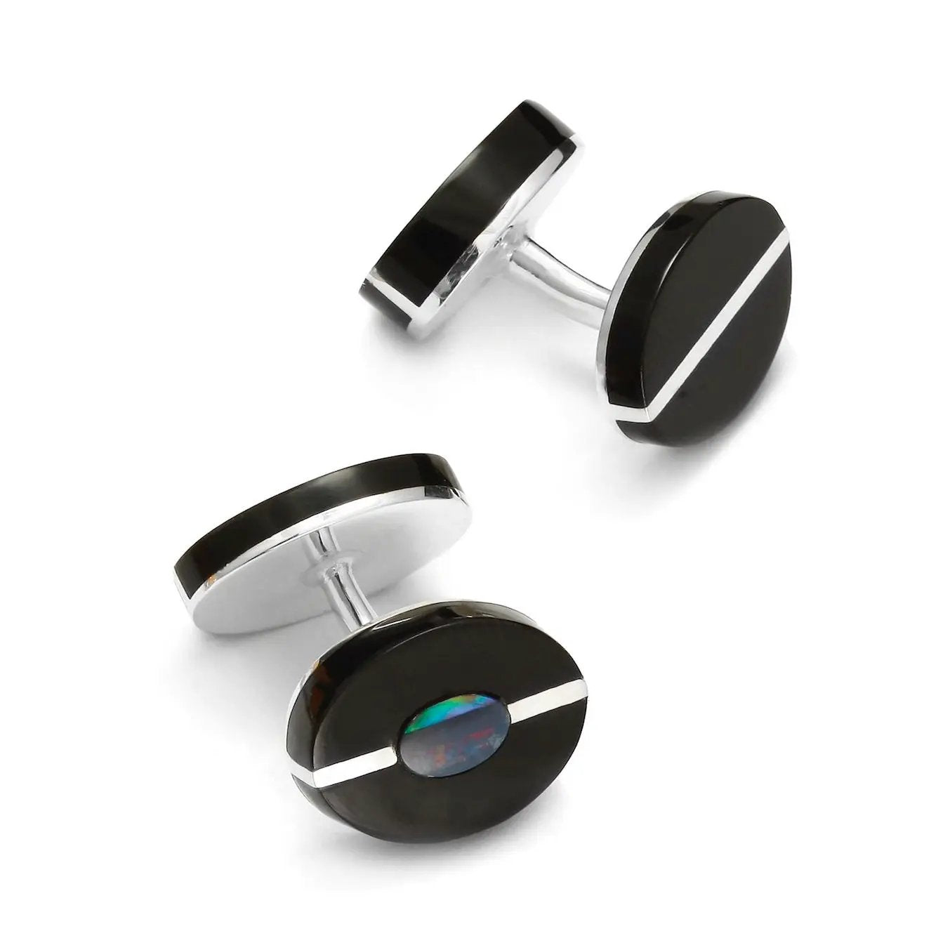 Baltic Jet With Opal Doublet Sterling Silver Cufflinks by Benson & Clegg