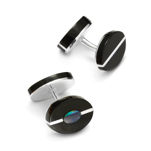 Baltic Jet With Opal Doublet Sterling Silver Cufflinks by Benson & Clegg
