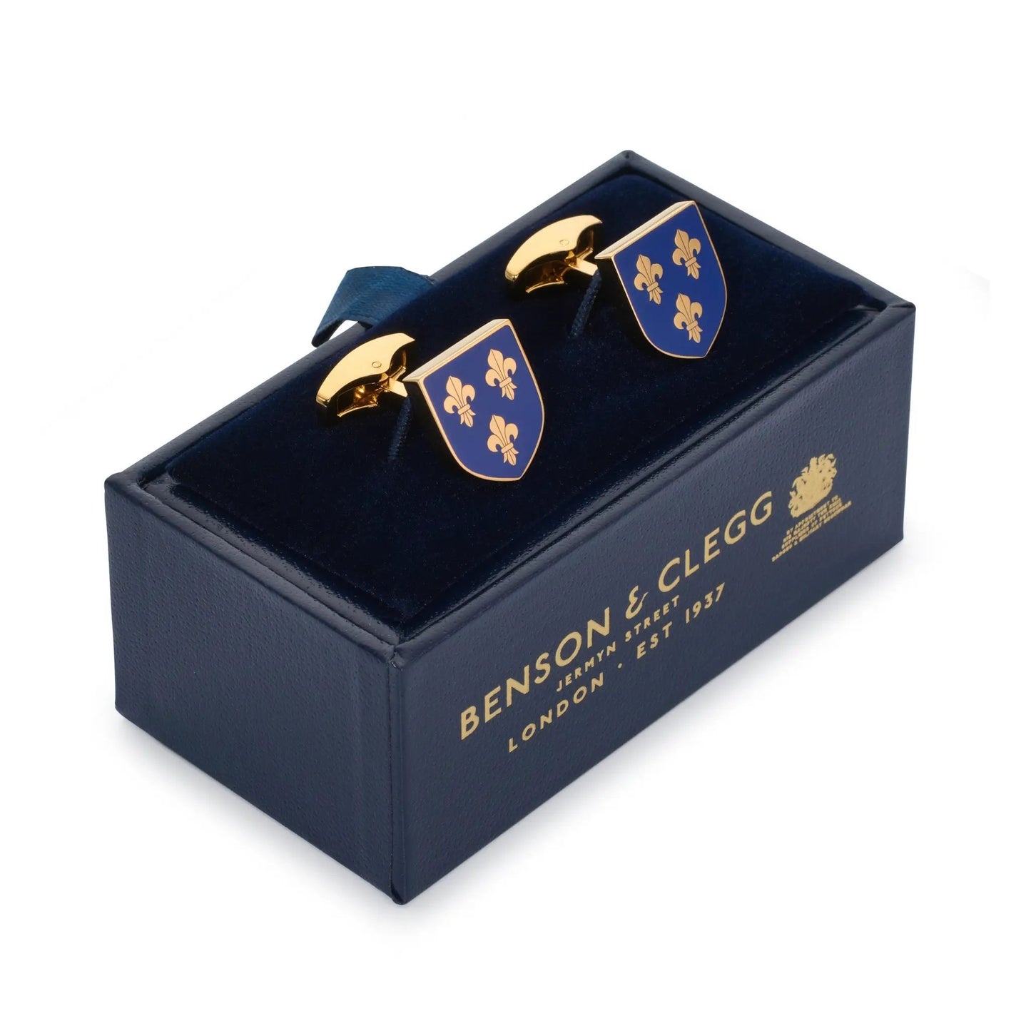 Fleur De Lys Shield Cufflinks In Imperial Blue by Benson & Clegg
