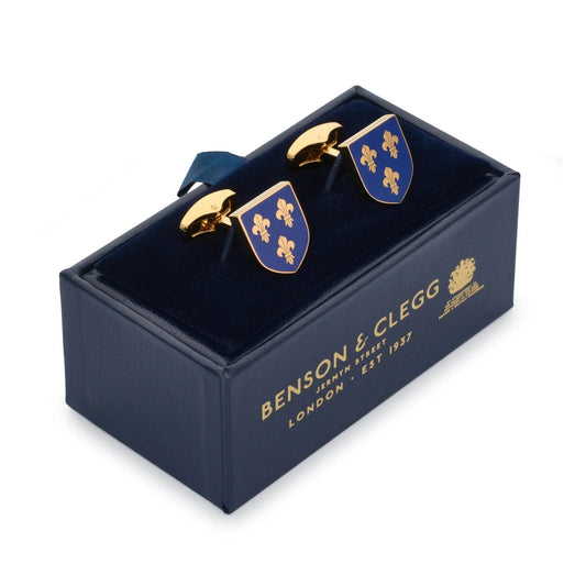 Fleur De Lys Shield Cufflinks In Imperial Blue by Benson & Clegg