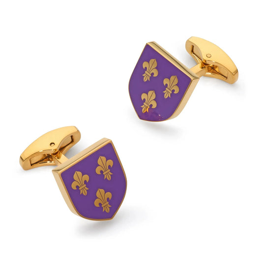 Fleur De Lys Shield Cufflinks In Royal Purple by Benson & Clegg