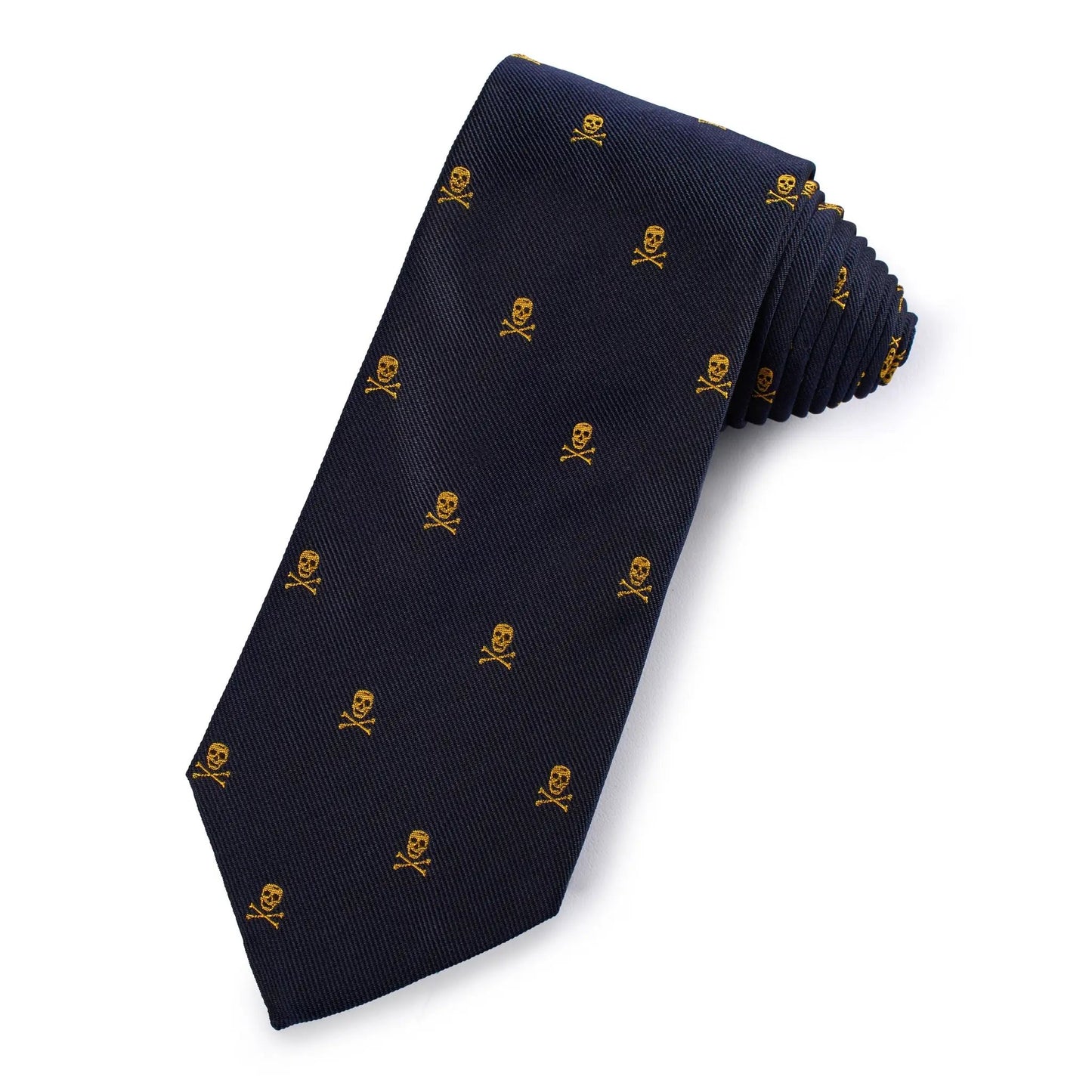 Skull & Crossbones Silk Tie In Gold & Navy by Benson & Clegg
