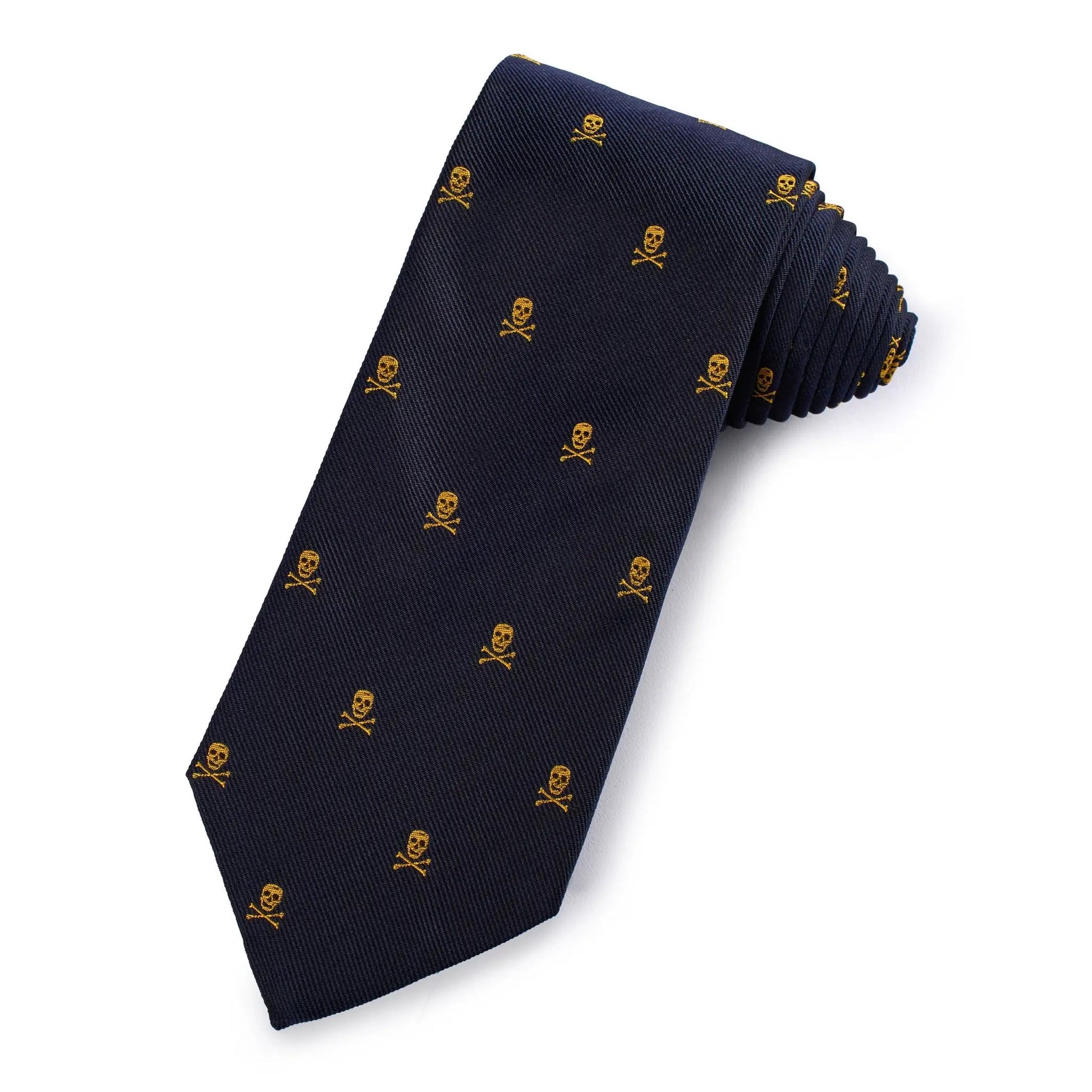 Skull & Crossbones Silk Tie In Gold & Navy by Benson & Clegg