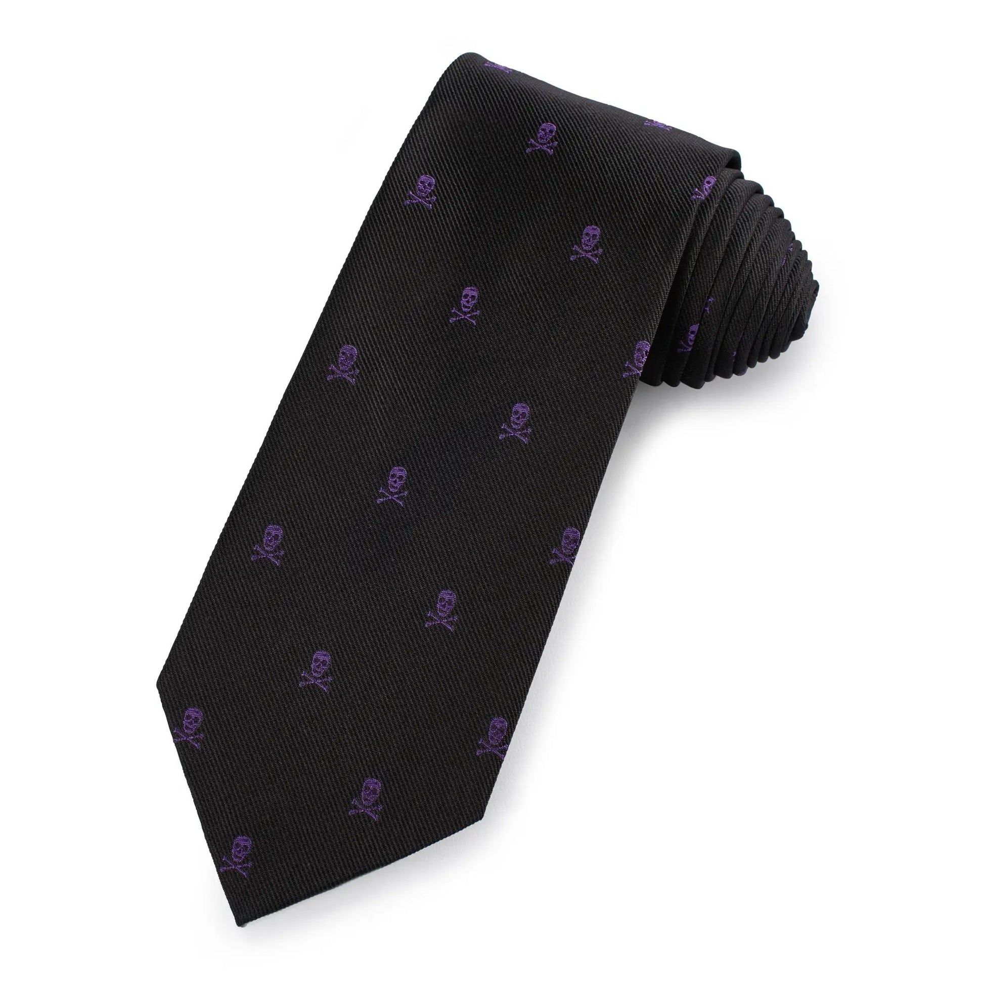 Skull & Crossbones Silk Tie In Purple & Black by Benson & Clegg