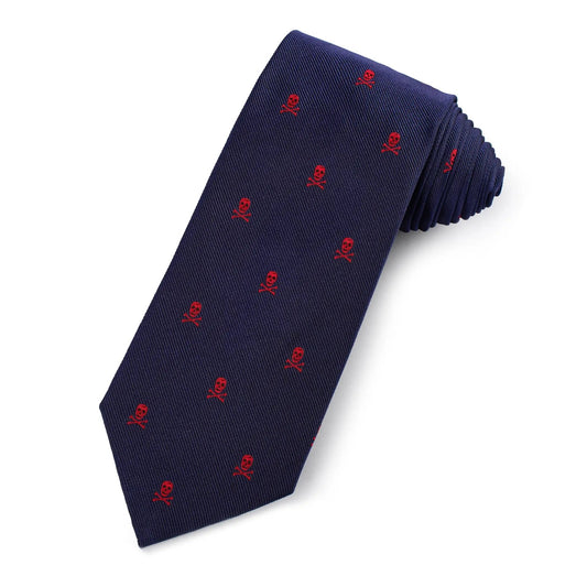 Skull & Crossbones Silk Tie In Red & Navy by Benson & Clegg