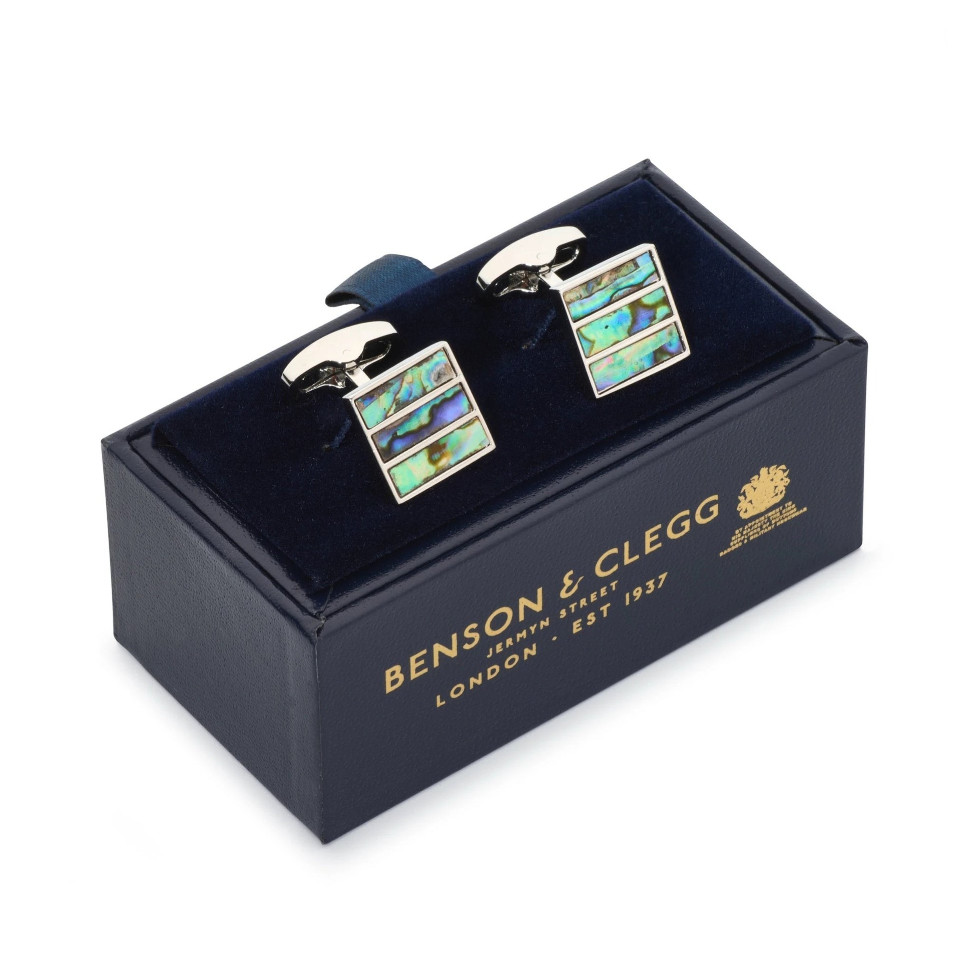 Triptych Cufflinks In Blue Green Mother Of Pearl by Benson & Clegg