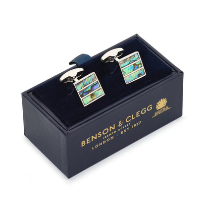 Triptych Cufflinks In Blue Green Mother Of Pearl by Benson & Clegg