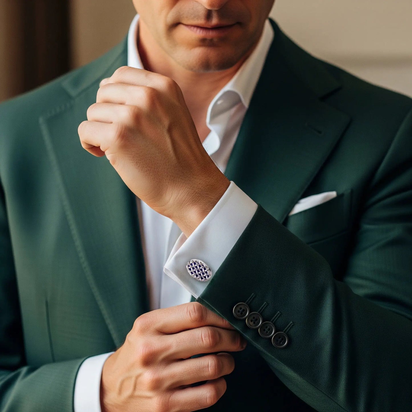 Crossweave Sterling Silver Cufflinks In Blue by Benson & Clegg