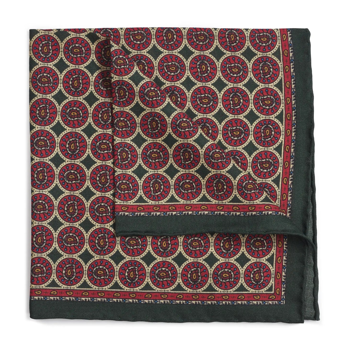 Circular Paisley (Wool & Silk Mix) Pocket Square In Green by Benson & Clegg