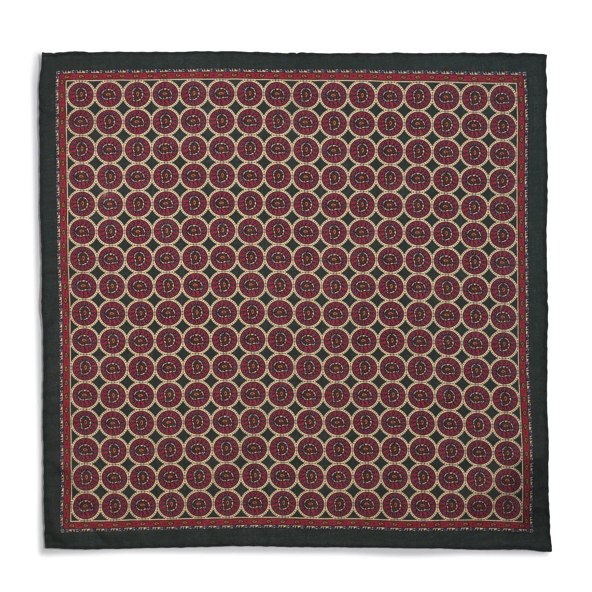 Circular Paisley (Wool & Silk Mix) Pocket Square In Green by Benson & Clegg