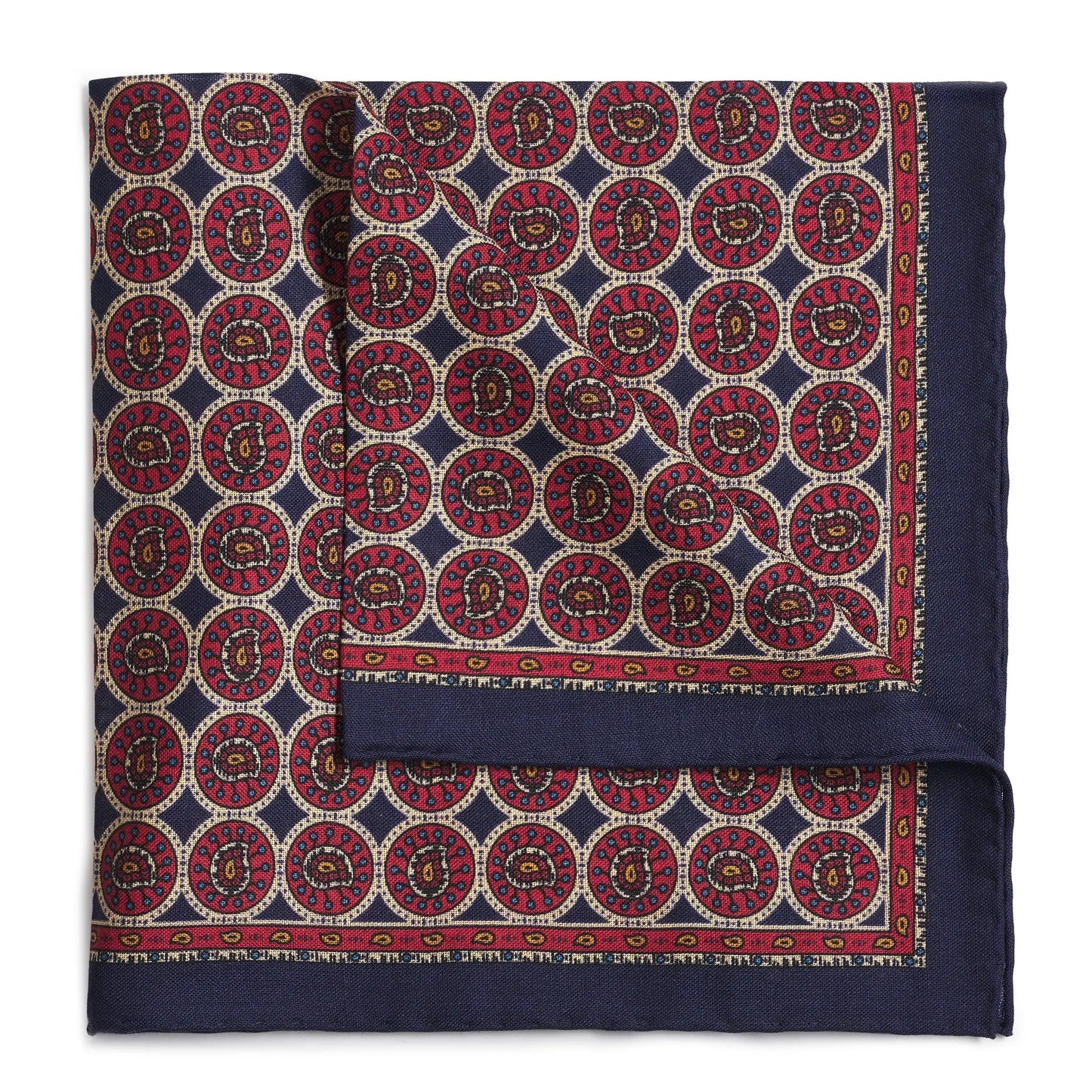 Circular Paisley (Wool & Silk Mix) Pocket Square In Navy by Benson & Clegg
