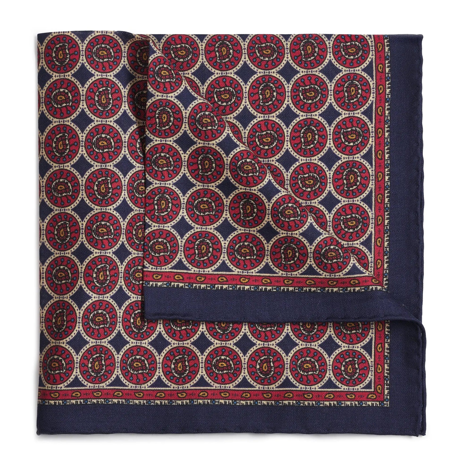 Circular Paisley (Wool & Silk Mix) Pocket Square In Navy by Benson & Clegg