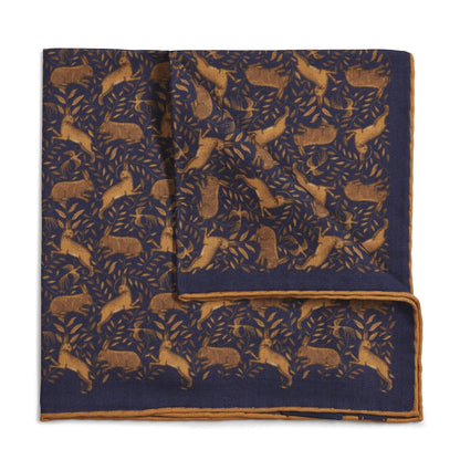 Countryside Hare (Wool & Silk Mix) Pocket Square In Navy by Benson & Clegg