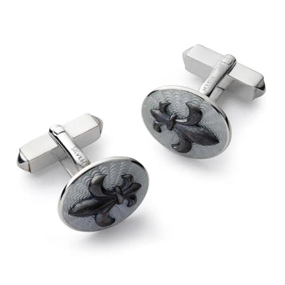 Fleur De Lys Sterling Silver Cloisonne Cufflinks In Grey by Benson & Clegg