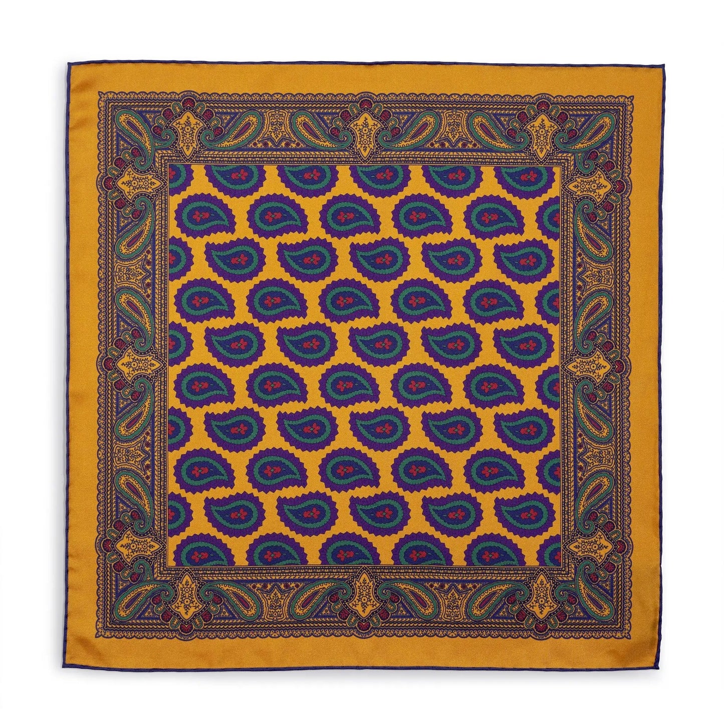 Large Paisley Silk Pocket Square In Gold by Benson & Clegg
