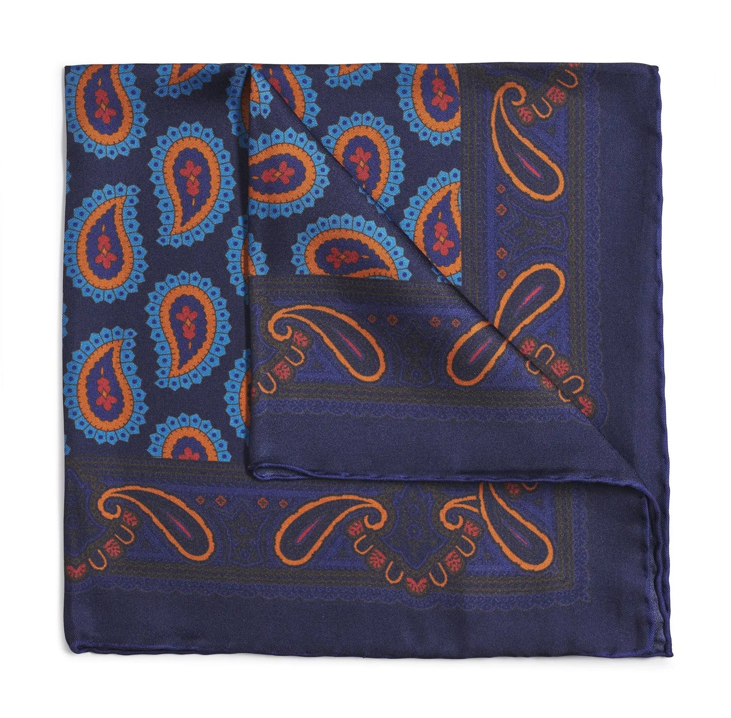 Large Paisley Silk Pocket Square In Navy by Benson & Clegg