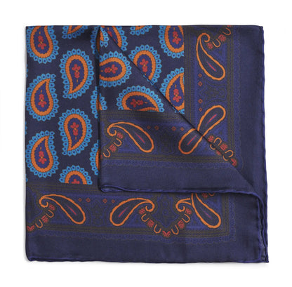 Large Paisley Silk Pocket Square In Navy by Benson & Clegg
