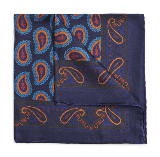 Large Paisley Silk Pocket Square In Navy by Benson & Clegg