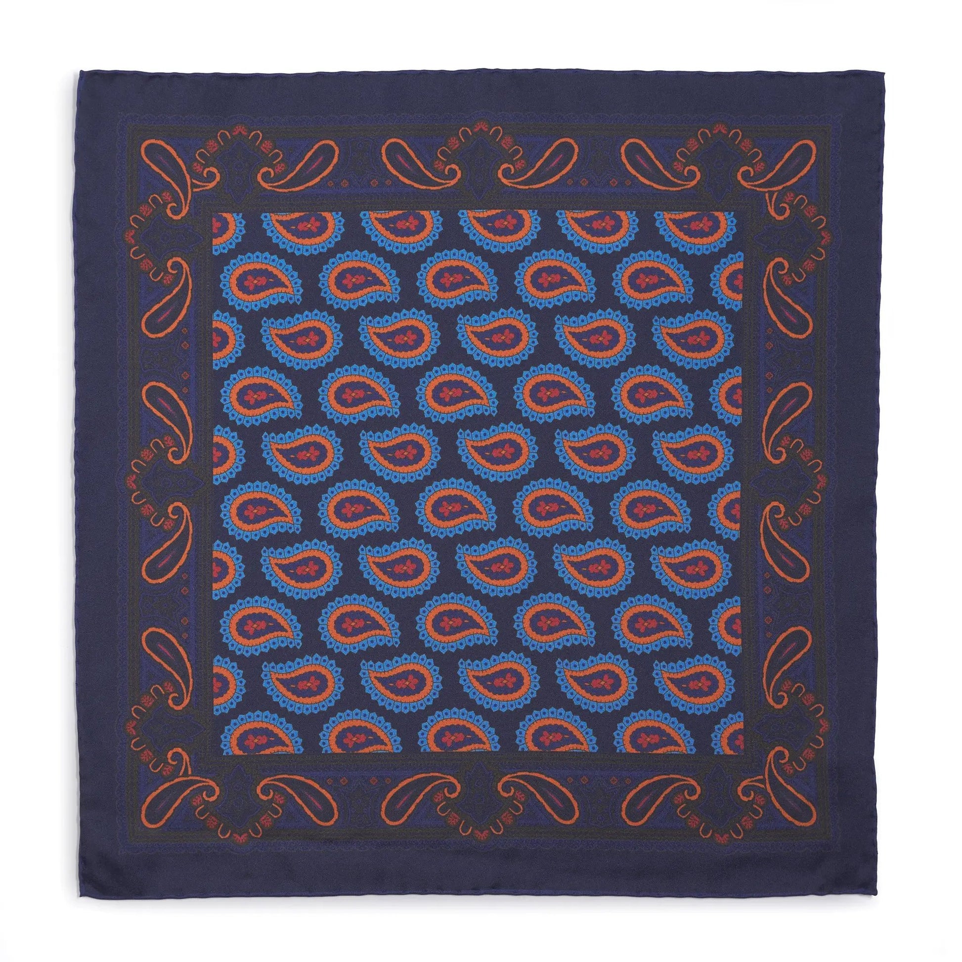 Large Paisley Silk Pocket Square In Navy by Benson & Clegg