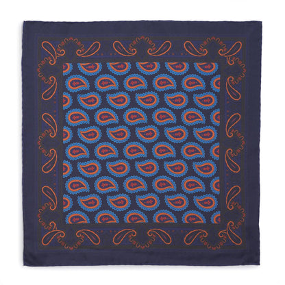Large Paisley Silk Pocket Square In Navy by Benson & Clegg