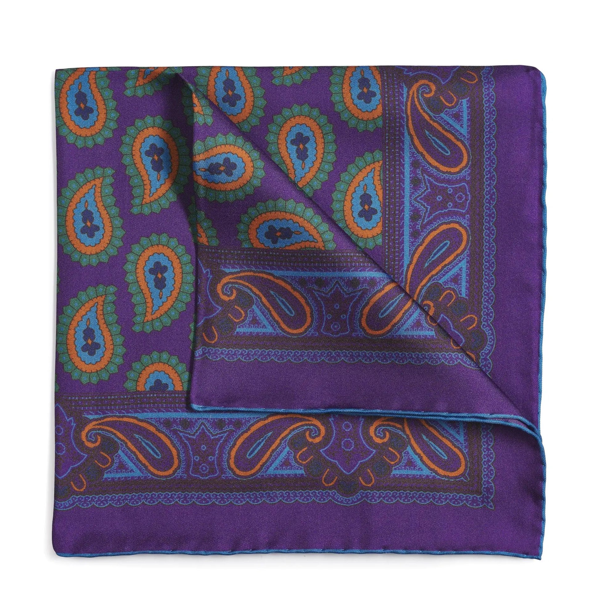 Large Paisley Silk Pocket Square In Purple by Benson & Clegg