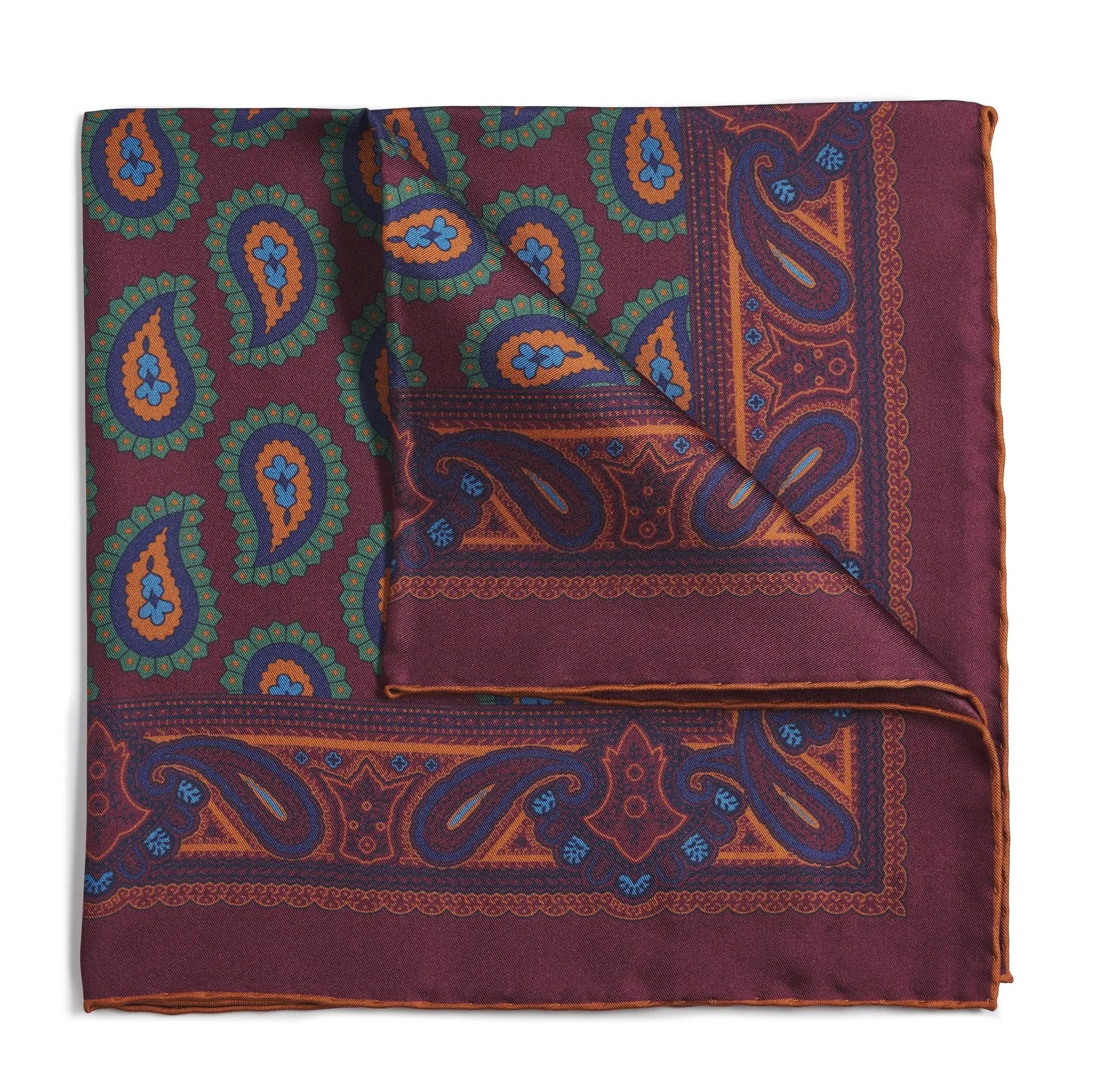 Large Paisley Silk Pocket Square In Wine by Benson & Clegg