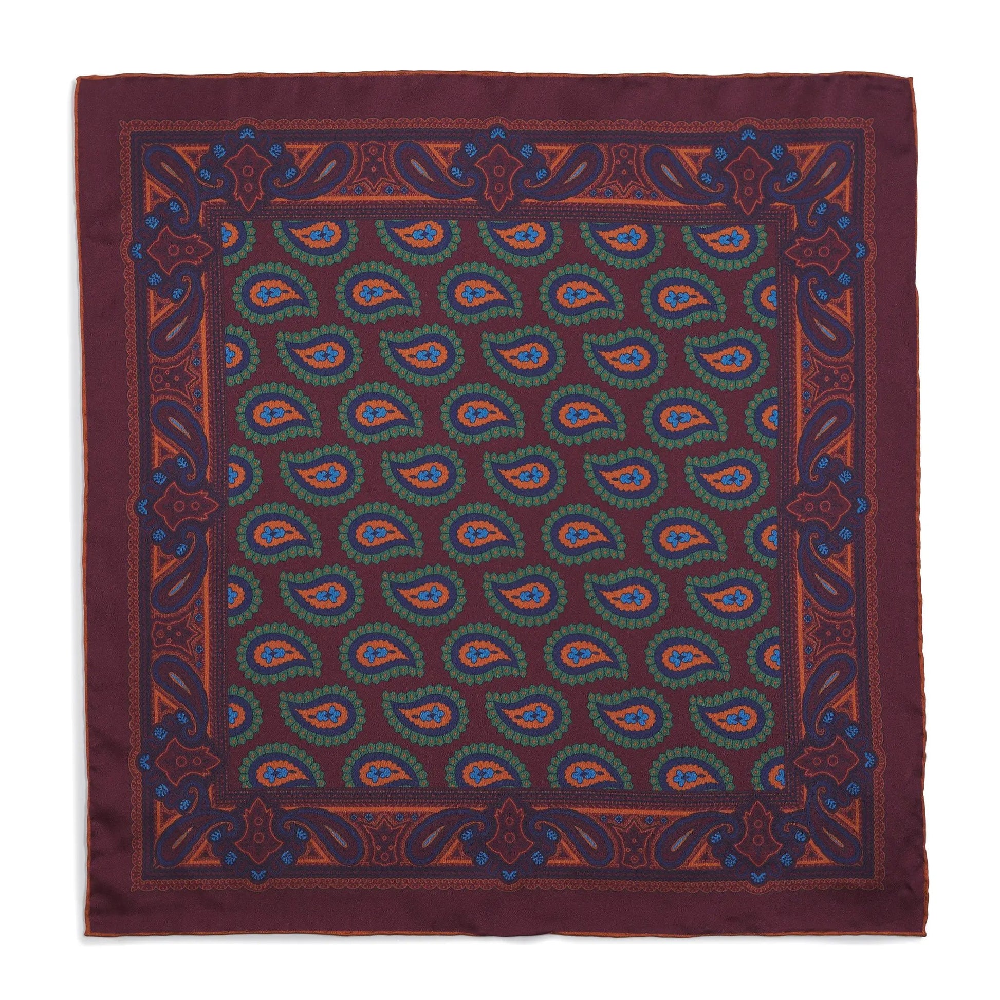 Large Paisley Silk Pocket Square In Wine by Benson & Clegg