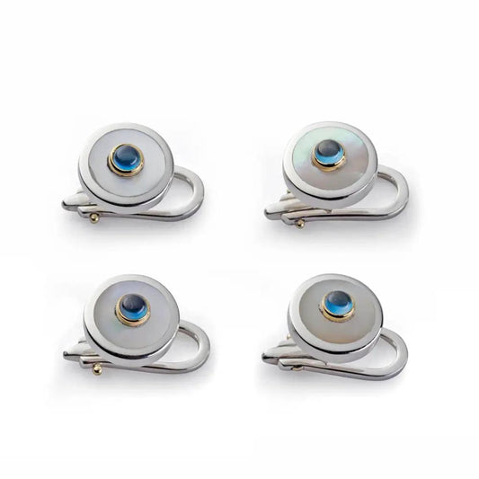 Sterling Silver And Mother Of Pearl With Blue Topaz Dress Studs by Benson & Clegg