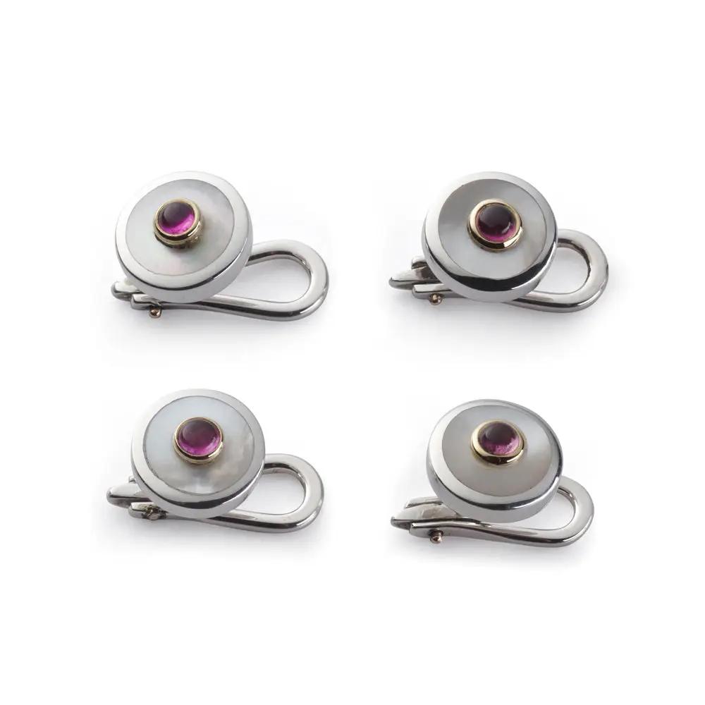 Sterling Silver And Mother Of Pearl With Pink Tourmaline Dress Studs by Benson & Clegg