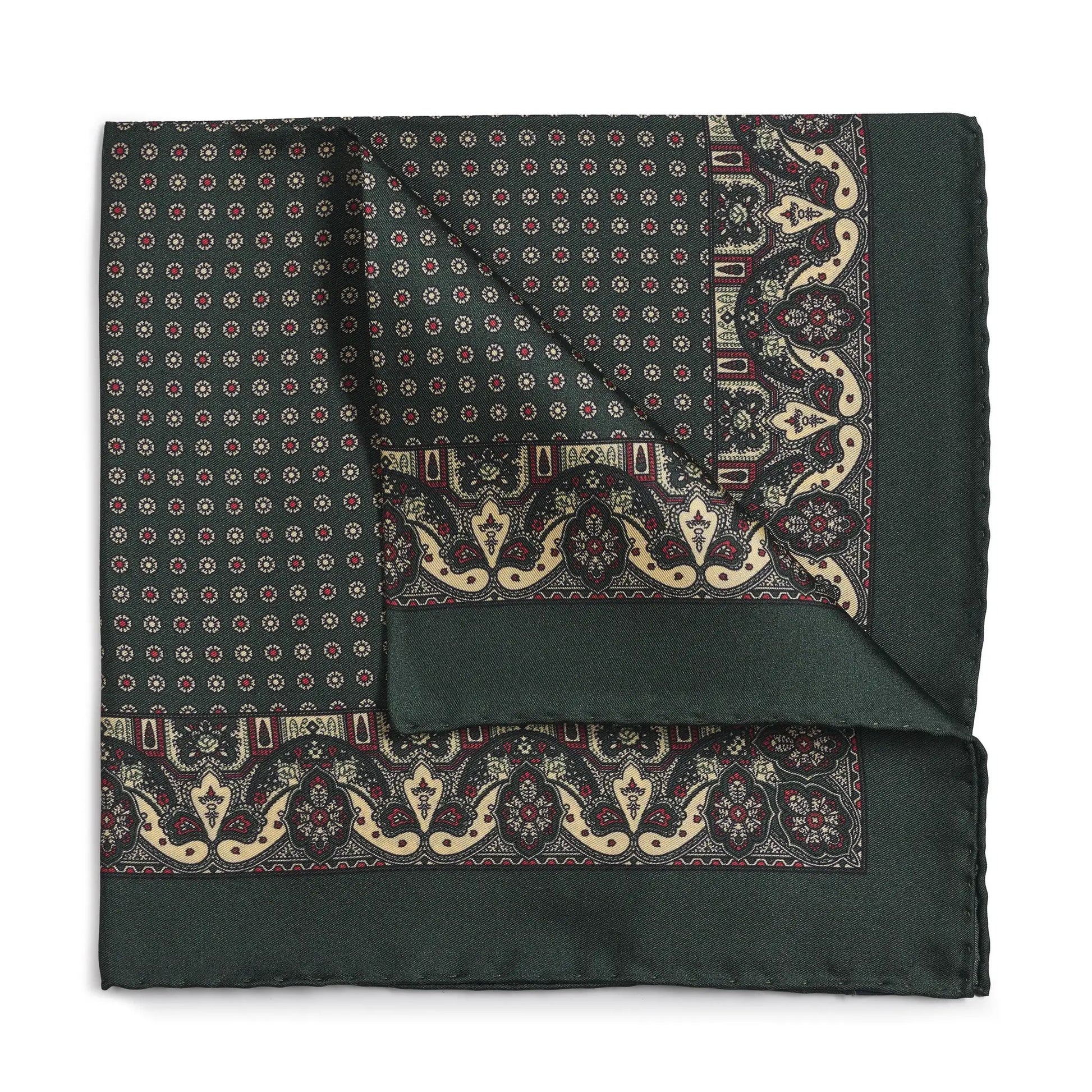 Ornate Paisley Silk Pocket Square In Green by Benson & Clegg