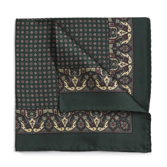Ornate Paisley Silk Pocket Square In Green by Benson & Clegg