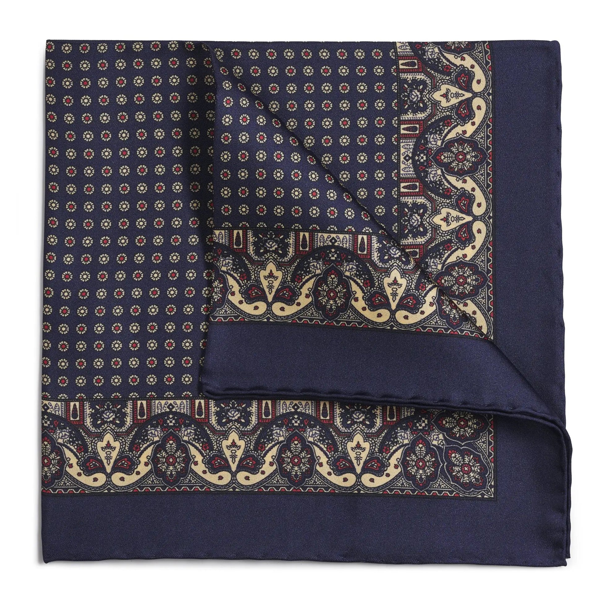 Ornate Paisley Silk Pocket Square In Navy by Benson & Clegg
