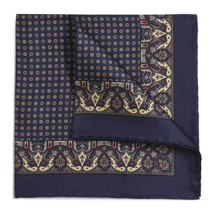 Ornate Paisley Silk Pocket Square In Navy by Benson & Clegg