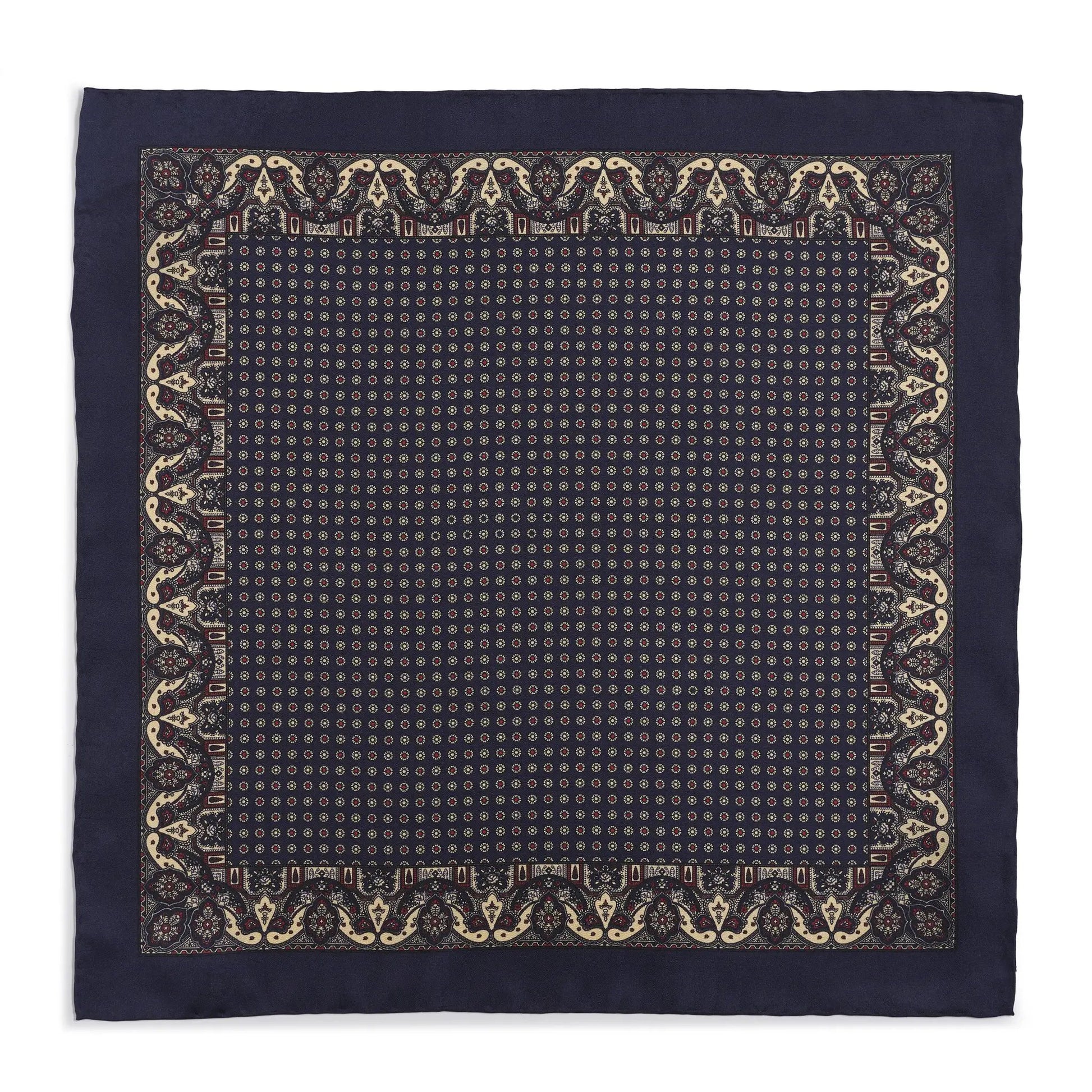 Ornate Paisley Silk Pocket Square In Navy by Benson & Clegg
