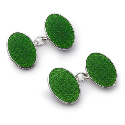Peanut Sterling Silver CloisonneCufflinks In Green by Benson & Clegg