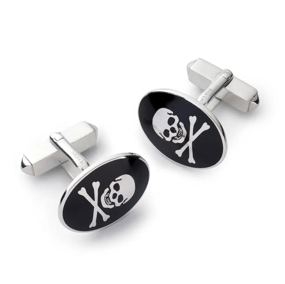 Skull And Crossbones Sterling Silver Cufflinks In Black by Benson & Clegg