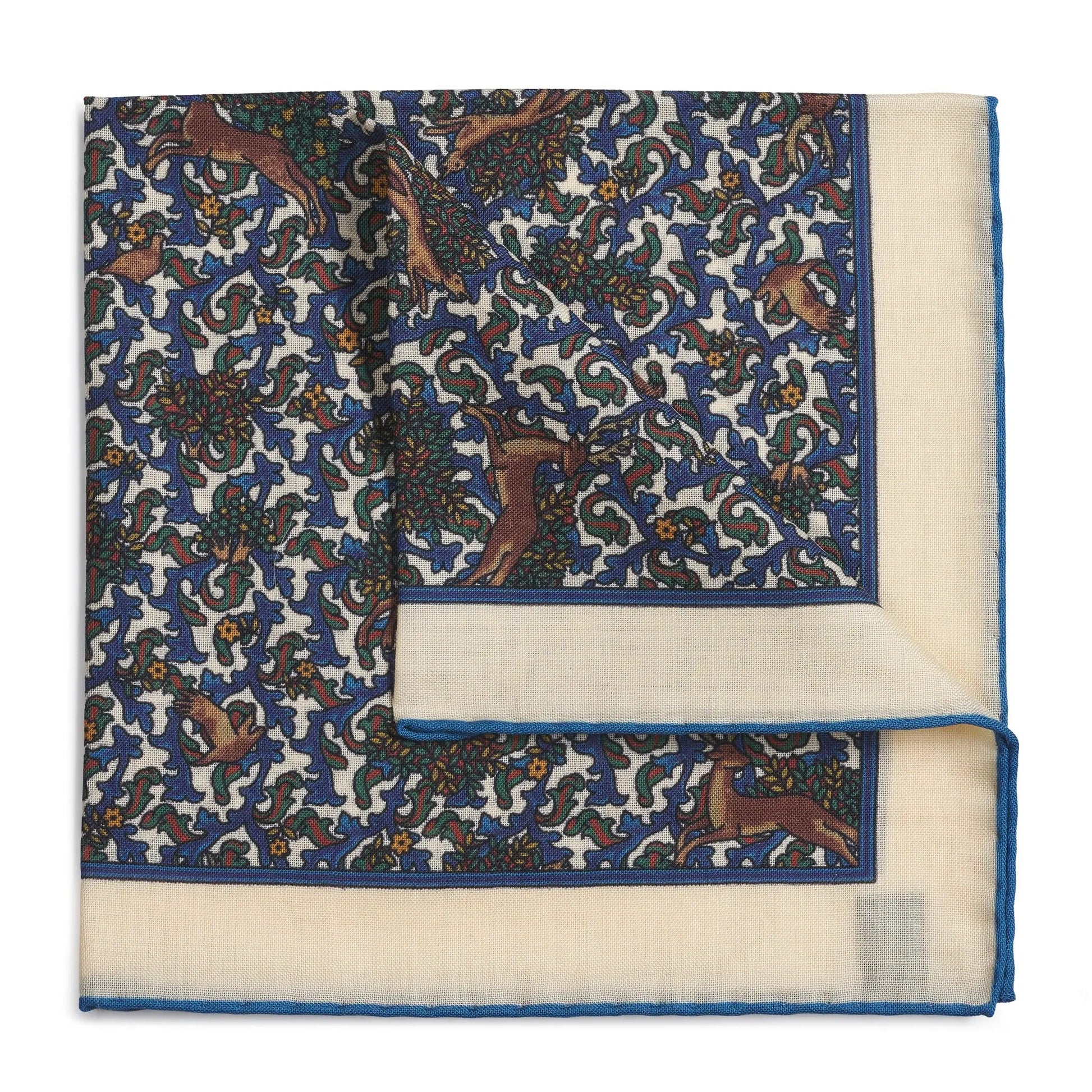 Stag & Forest(Wool & Silk Mix) Pocket Square In Cream by Benson & Clegg