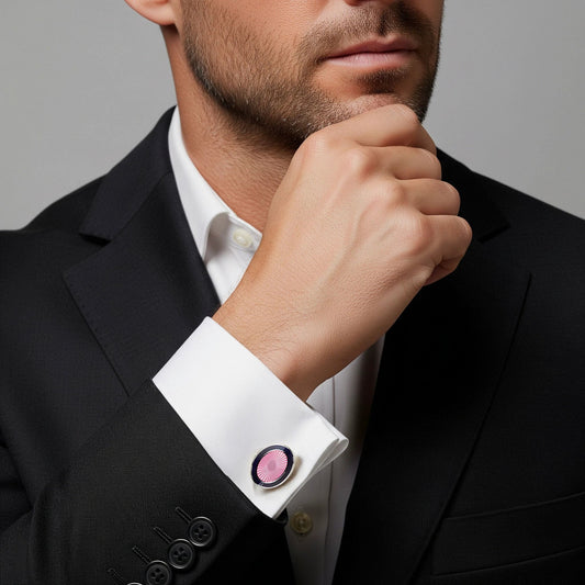 Sunburst Enamel Cufflinks In Pink Bloom by Benson & Clegg